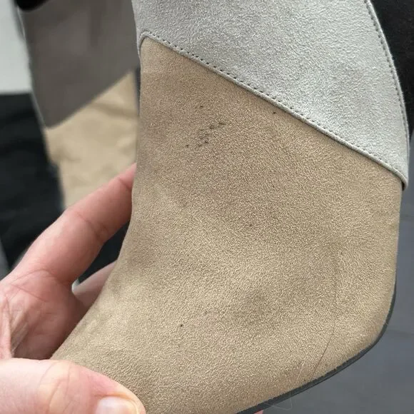 JustFab Faux Suede Patchwork Knee High Heel Boots Womens 10 Black Tan Y2K 90s - Picture 7 of 13